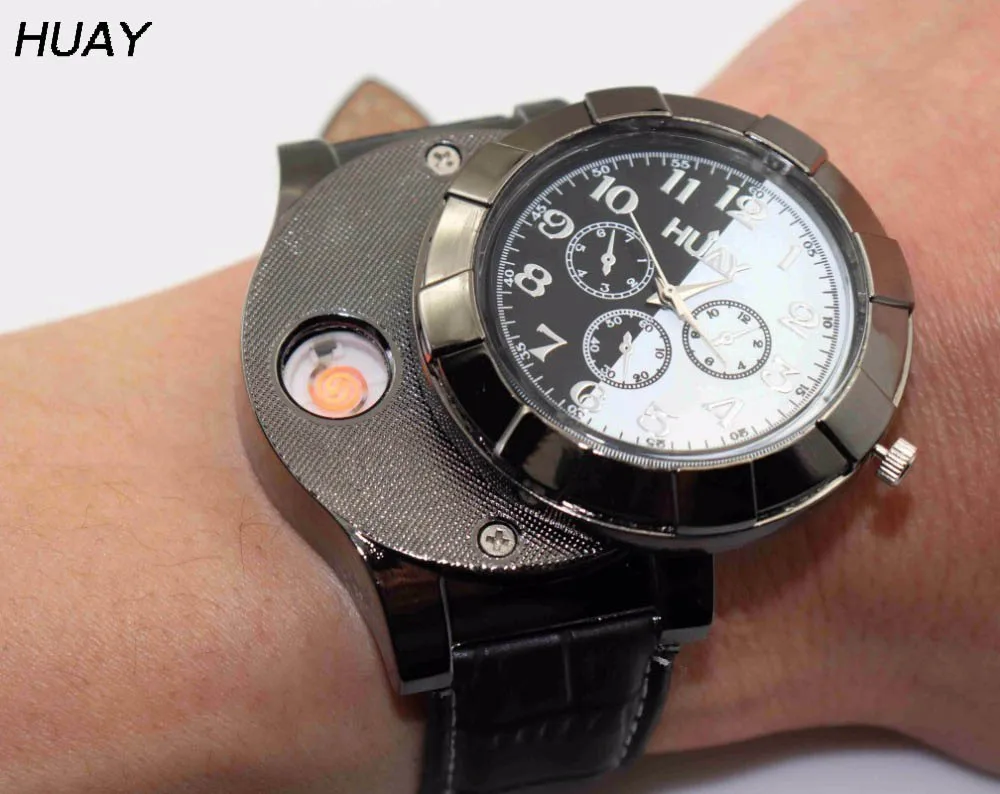 

2018 New Lighter Watches Rechargeable USB Casual Men Quartz Wristwatches leather strap Fashion Flameless Cigarette Lighter F667