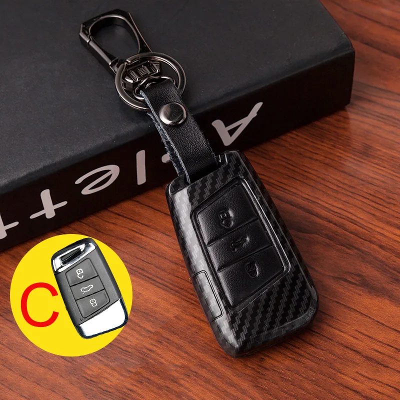 Углеродное волокно+ кожаный чехол ключа дистанционного управления автомобилем чехол для wolkswgen VW Tiguan Polo Golf 4 5 6 7 MK7 Passat B5 B6 B7 B8 CC Jetta Touran - Название цвета: C  Black