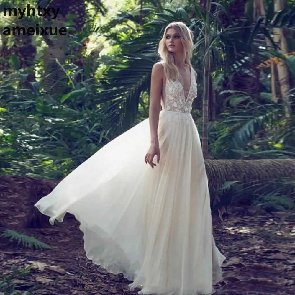 

Cheap Sexy Wedding Dress 2019 Lace Delicate Appliques Deep-v-neck Bohemain Beading Backless A-line Custom Made Vestido De Noiva