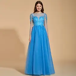 Tanpell аппликации платья для выпускного вечера свет Королевский синий цвет с длинными рукавами Длина пола платье Линия женщин кнопку назад