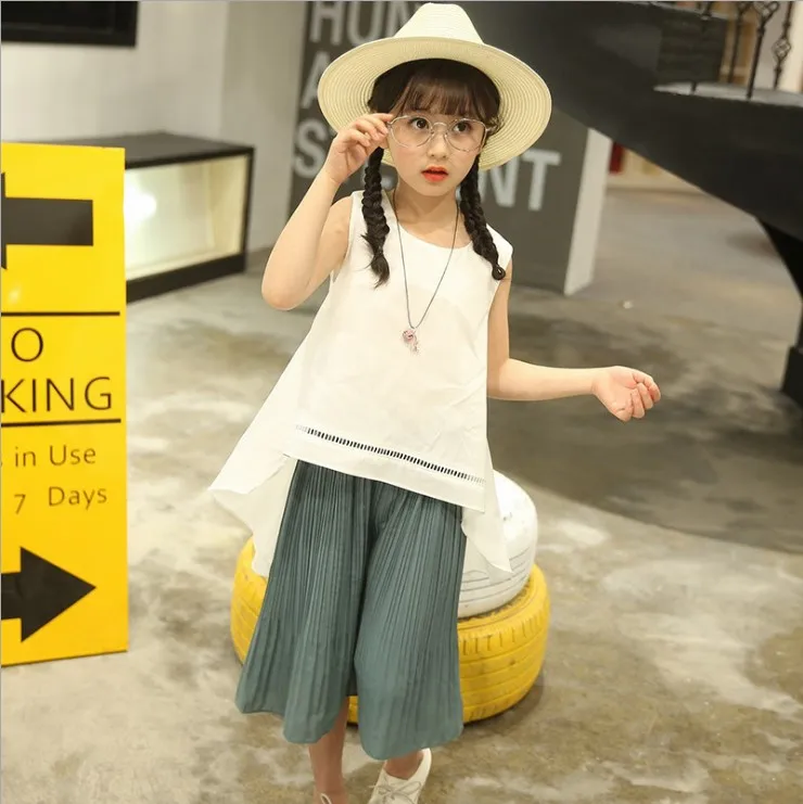

Kids Tops Pants 2 Piece Set Girl Costume 2018 Summer O-neck 4-16T Cotton Baby Girls Clothing Sets Sweet Children Clothes 3cs329