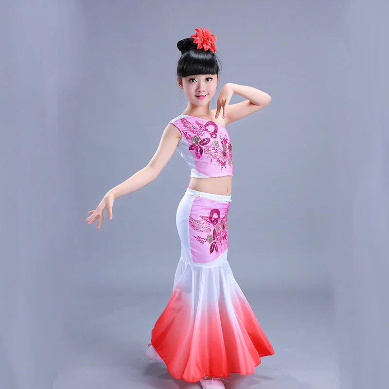 

Dai Dance Costume Girls Peacock Dance Costumes Ethnic Children Girls Fishtail Skirts Costumes