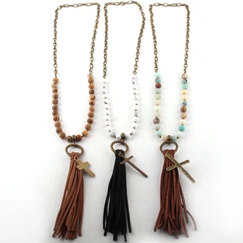 

Fashion Jewelry Natural Stone Chain Cross Long Tassel Necklaces Women Ethnic Necklace