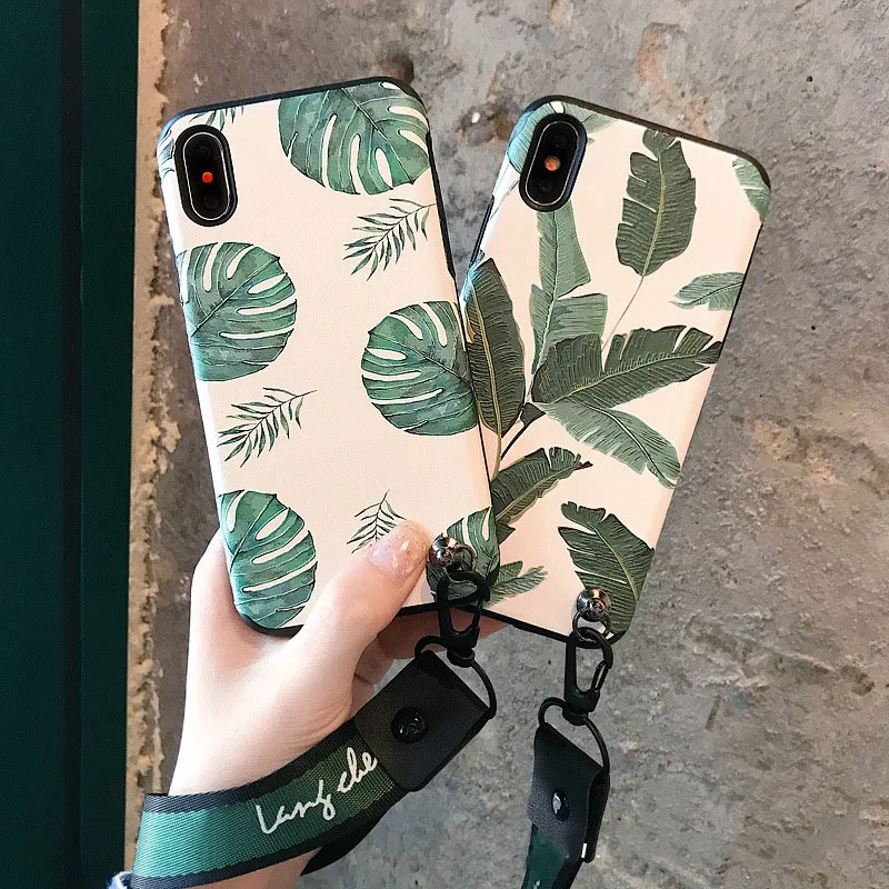 

Instagram popular Fresh Leaves 3d Relief Phone Case With Neck Wrist Strap For Iphone 8 Plus 7 Plus X 6 S 6 S Plus Case With Belt