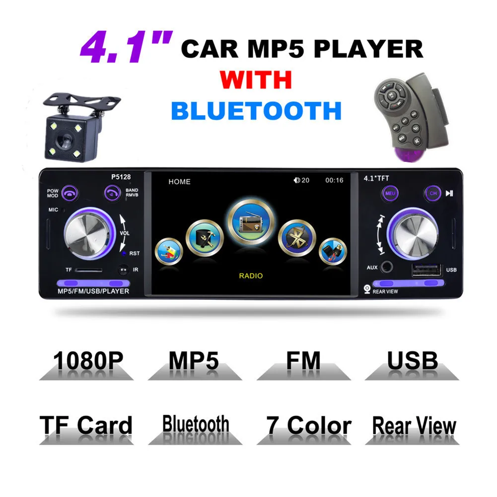 

Car Stereo Autoradio MP3 MP5 Audio Player 4.1 Inch 1 Din HD Bluetooth Support USB FM TF AUX + Backup Reverse Rearview Camera