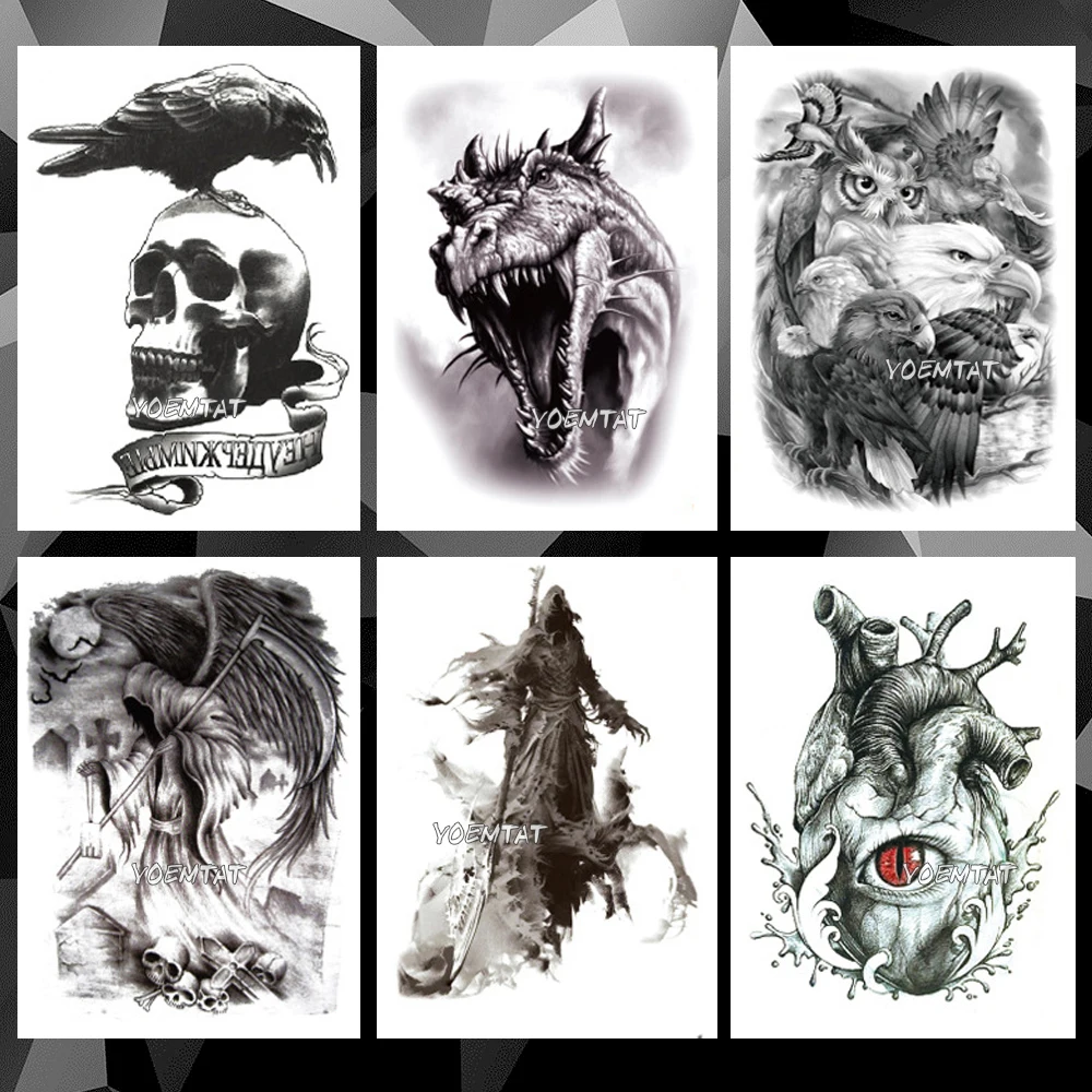 

Crow dinosaur grim Reaper Waterproof Temporary Tattoo Sticker Skull heart Flash Tattoos Body Art Arm Fake Sleeve tatoo