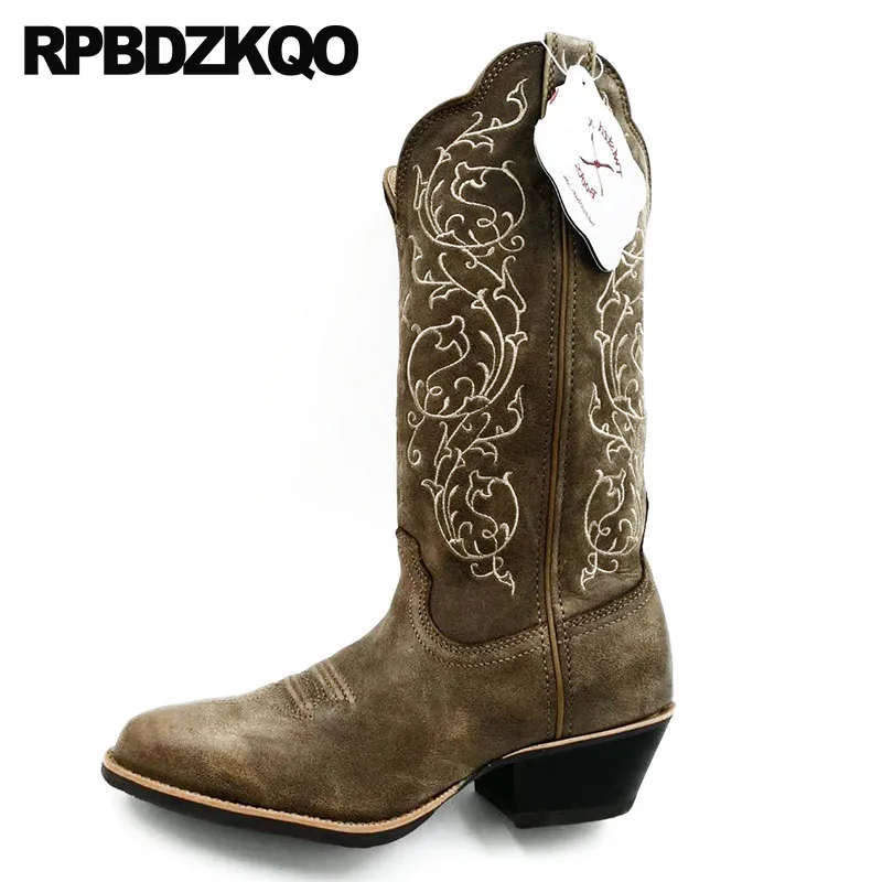 Western Fleur Cuir Brodé Marron girl Pointu De Chunky Bottes mollet En Bout Grand Haute Cowboy Cow Qualité Véritable Mi Chaussures Pleine Hommes QCthrsdx