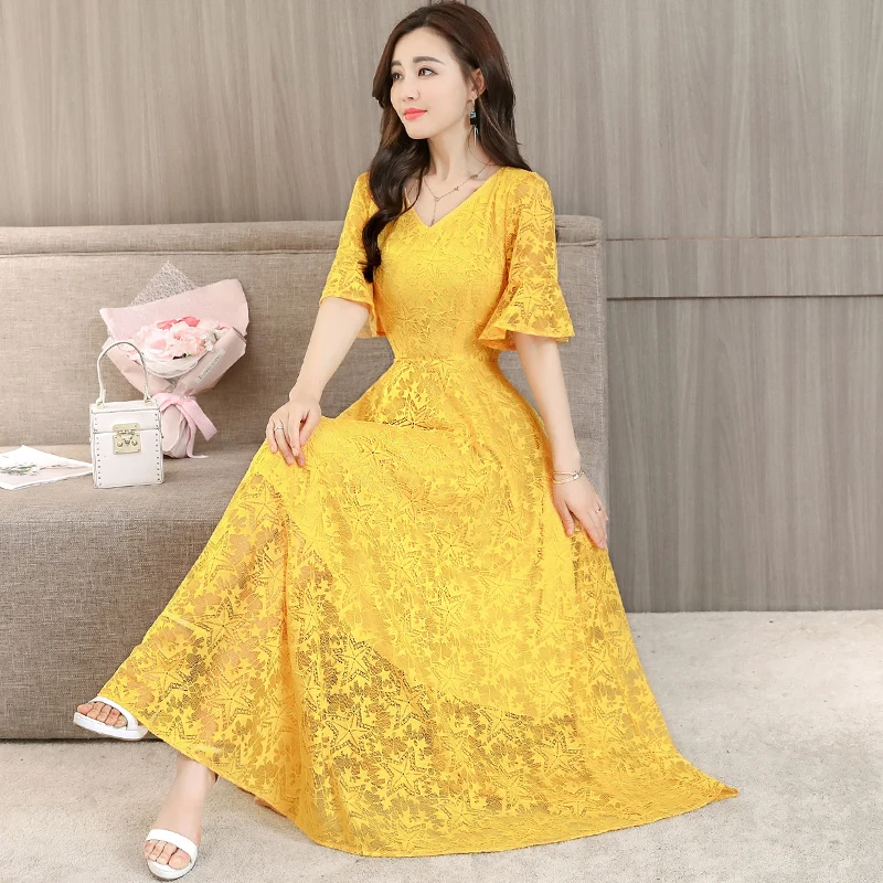 

Vestidos Lace Dress Elegant Women Long Slim Office Party Dresses V-neck Large Size Black White Summer Dress Women's clothing 925