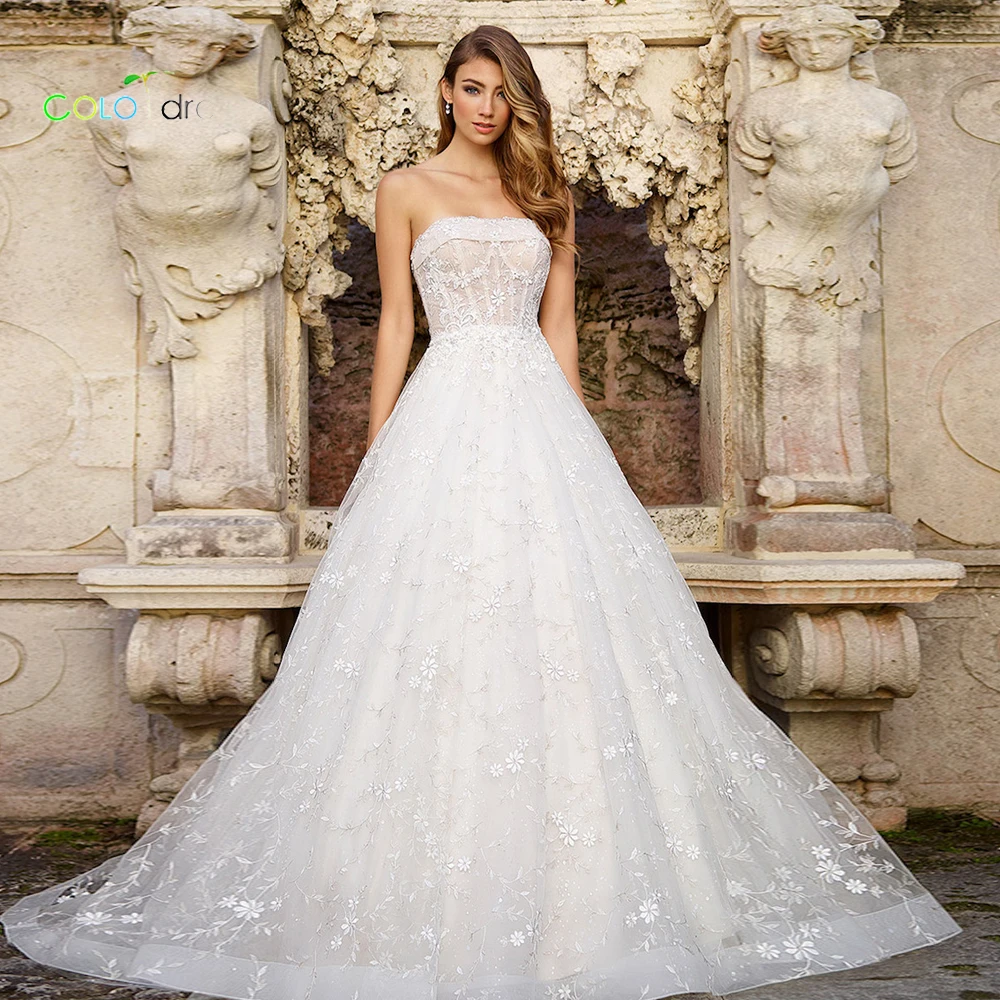 2019 свадебное платье A line vestido de novia Chapel train без бретелек | Свадьбы и торжества