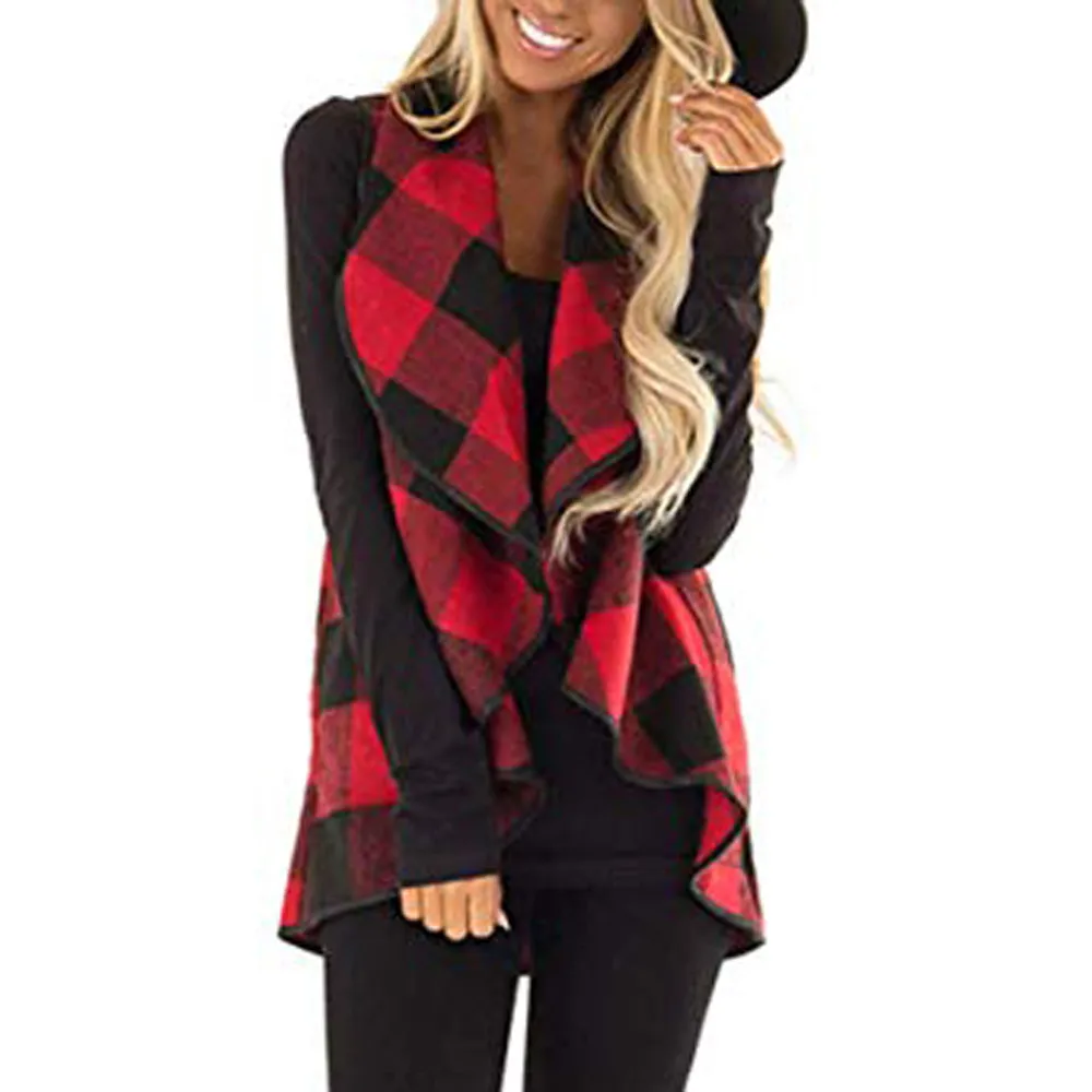 Womens Vest Plaid Sleeveless Lapel Open Front Cardigan Sherpa Jacket Pockets Waistcoat Women Fall Casual long vest long coat