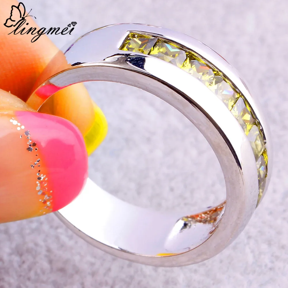 lingmei Wholesale Fashion Unisex Jewelry Princess PeridotSilver Color Ring Size 7 8 9 10 For Women Men Party Rings Free Shipping|ring size|silver