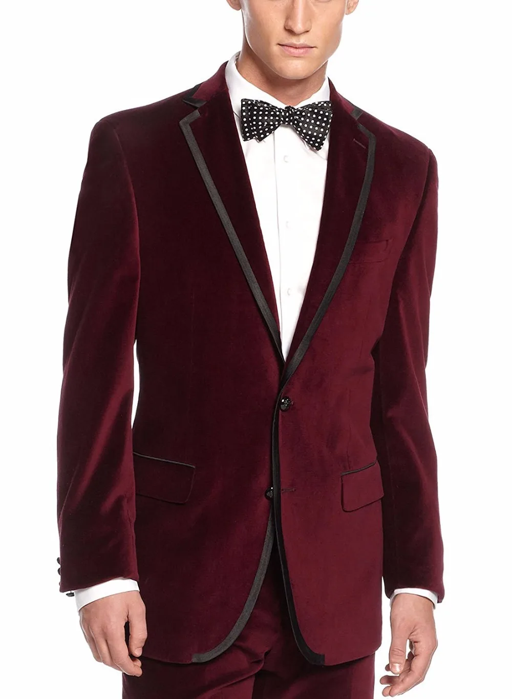 2018 Wine red burgundy velvet men suit Black edge Notched lapel formal