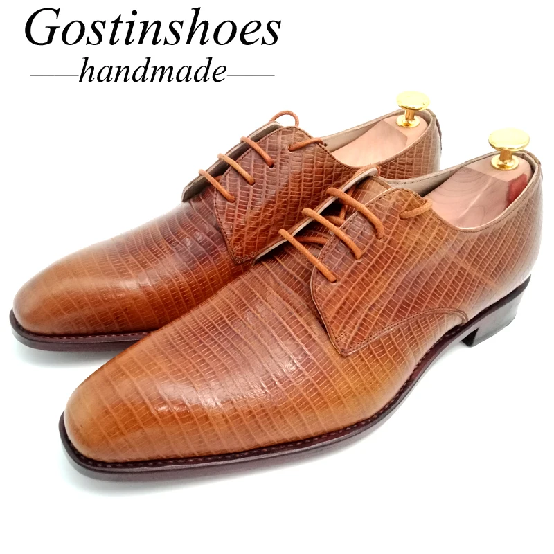 Goodyear Welted Men Derby Shoes Brown Upper Cow Leather Lizard Skin Printed Dress Formal Business Party Wedding Shoes gstn16 Goodyear Welted Men Derby Shoes Brown Upper Cow Leather Lizard Skin Printed Dress Formal Business Party Wedding Shoes gstn16