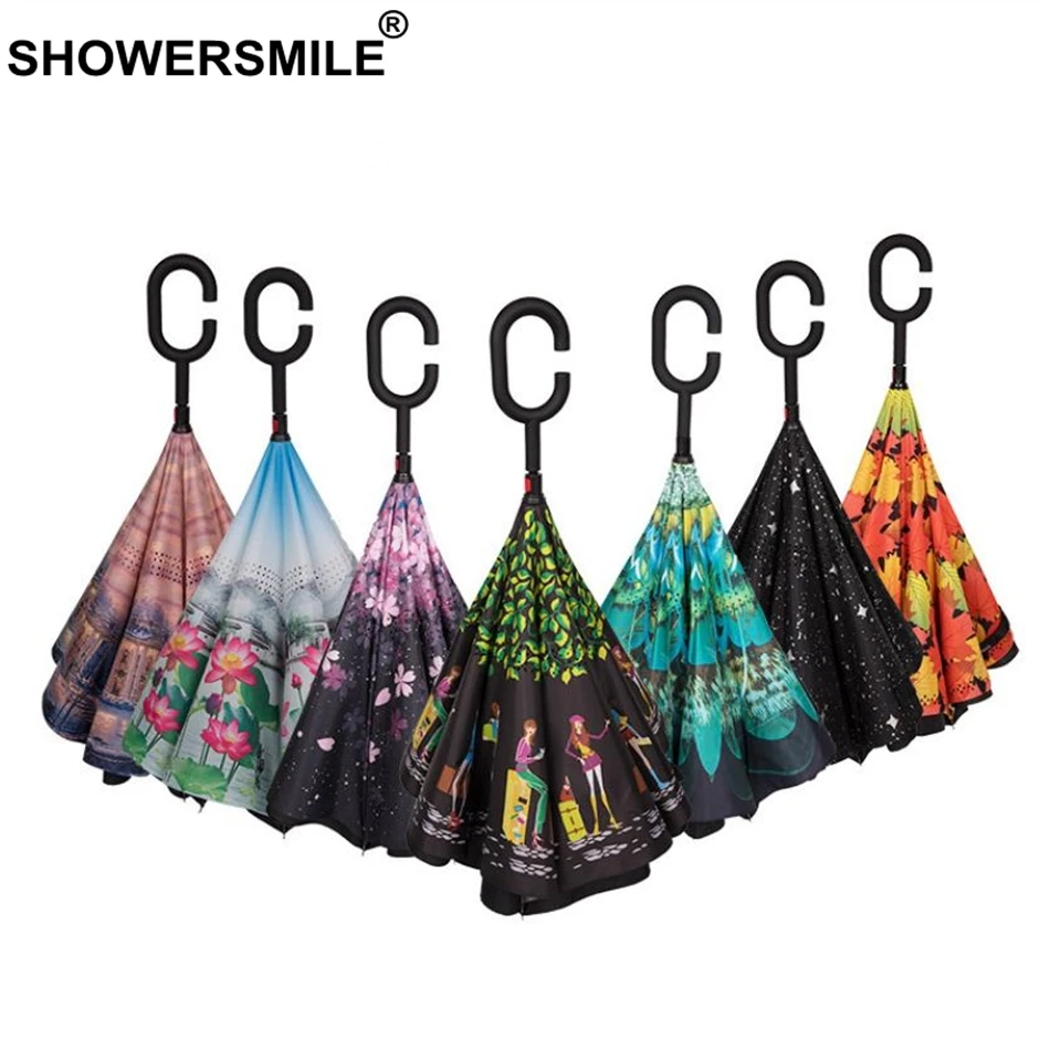 

SHOWERSMILE Windproof Inverted Umbrella Men Women Reverse Folding Double Layer Inverted Umbrella C-Hook Car Reverse Umbrella