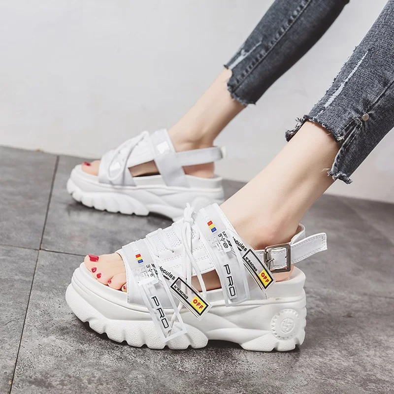 2019 Summer Chunky Sandals Women 8cm Wedge High Heels Shoes Female Buckle Platform Leather Casual Summer Slippers Woman Sandal