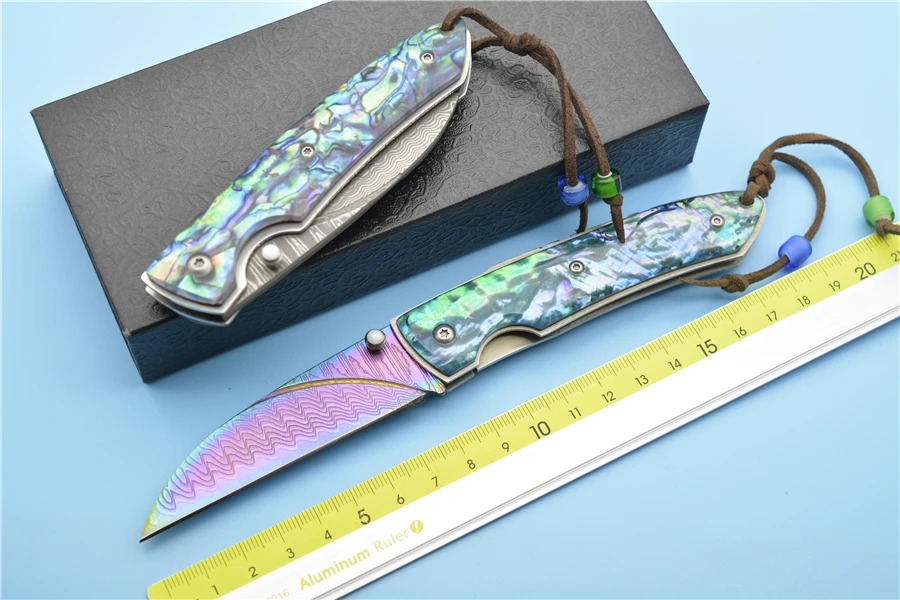 

XS EDC-Blue bird color titanium Damascus knife handle steel lines of the original shell pocketknife.
