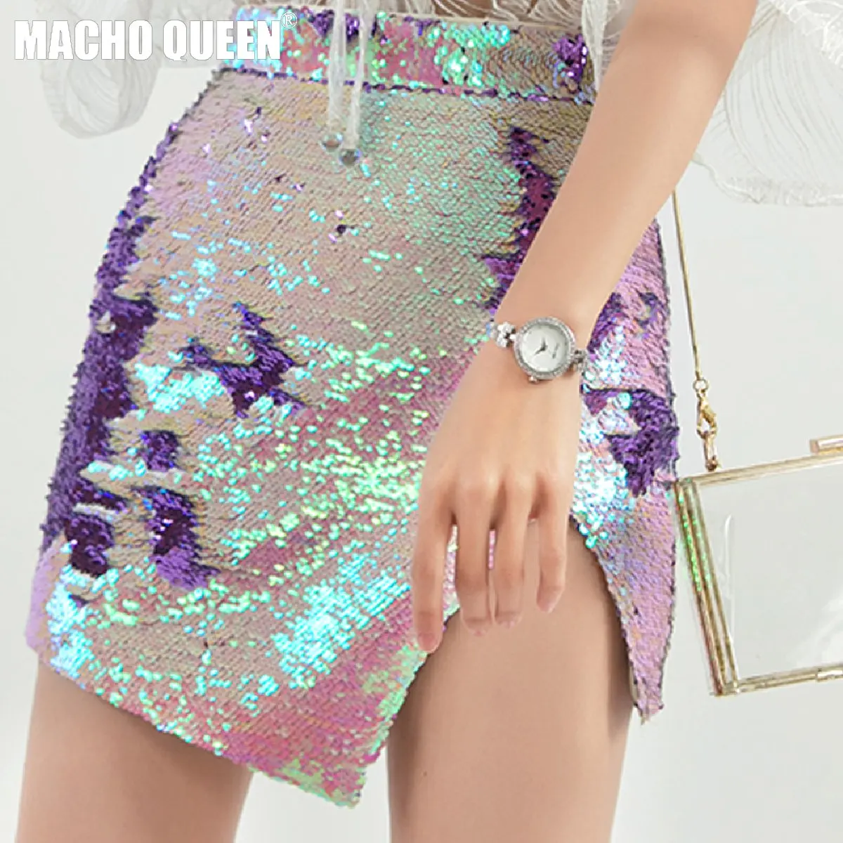 

Summer Holographic Iridescent Sequin Split Skirt Rave Festival Clothes Outfits Wear Vintage Ladies High Waist Skirts