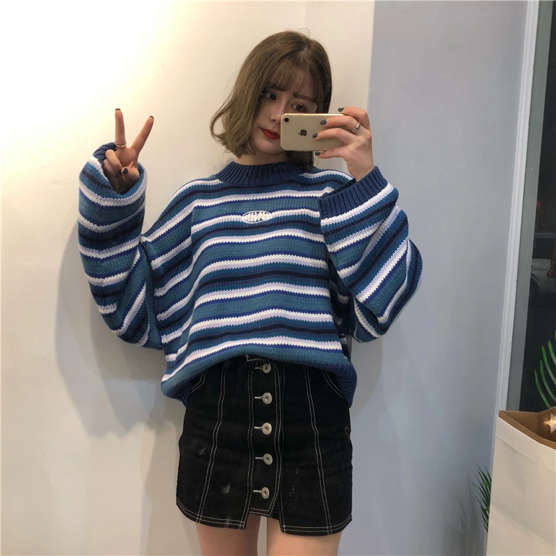 Comprar Suéteres de mujeres señora Kawaii lindo College estilo suéter holgado a rayas Vintage mujer Harajuku Ulzzang jersey para las mujeres Casual