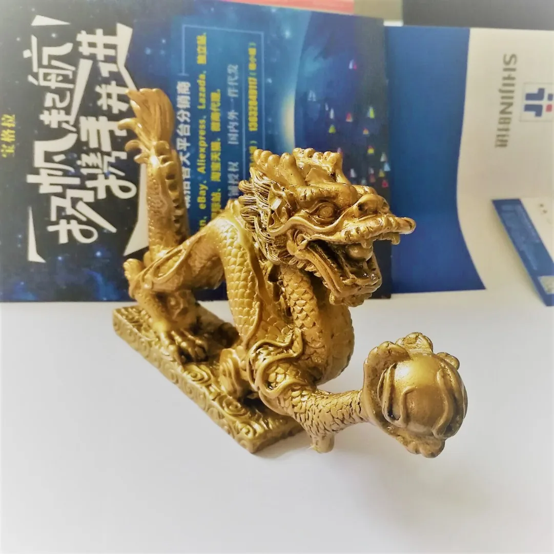 1PC Copper Dragon Figurine Holding a Ball Chinese Feng Shui Good Luck Amulet