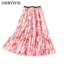 OHRYIYIE, шелковые юбки с цветочным принтом для женщин, весна-лето, тонкая элегантная Тюлевая юбка, женские юбки миди, Jupe Longue Femme