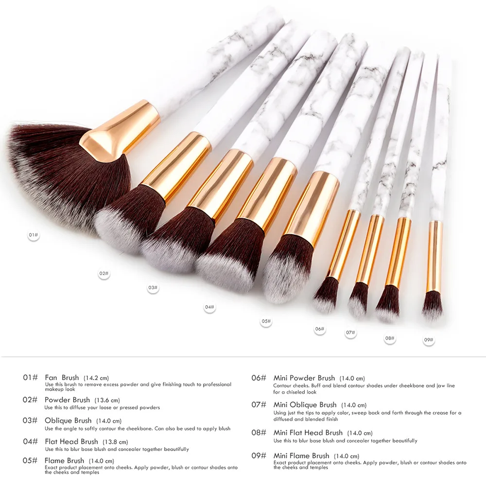 9pcs Marble Cosmetic Makeup Brush Blusher Eye Shadow Brushes Set Kit Makeup brush sets Marble Nylon