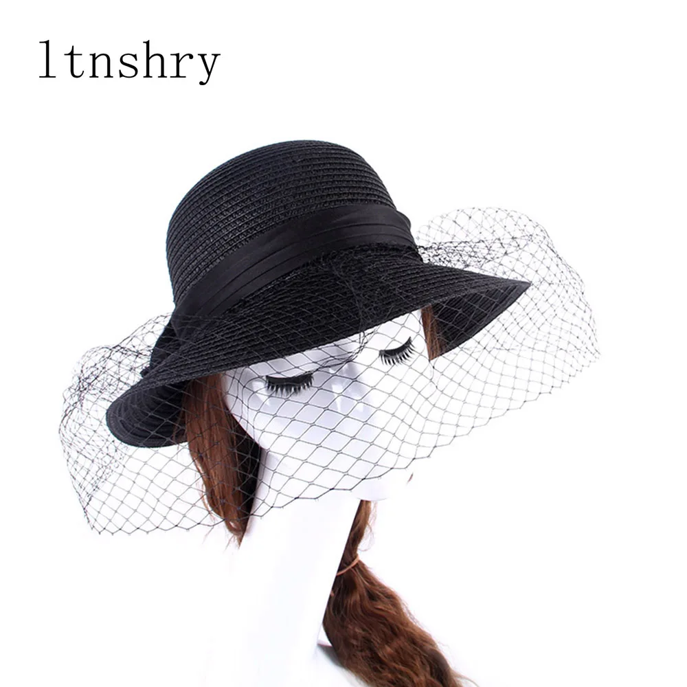 

2019 New women's Summer sun hat Wide Large Brim Big bow Hat Beach Hats Anti-UV Lace Net Yarn Wedding Hat For Women Straw Hat