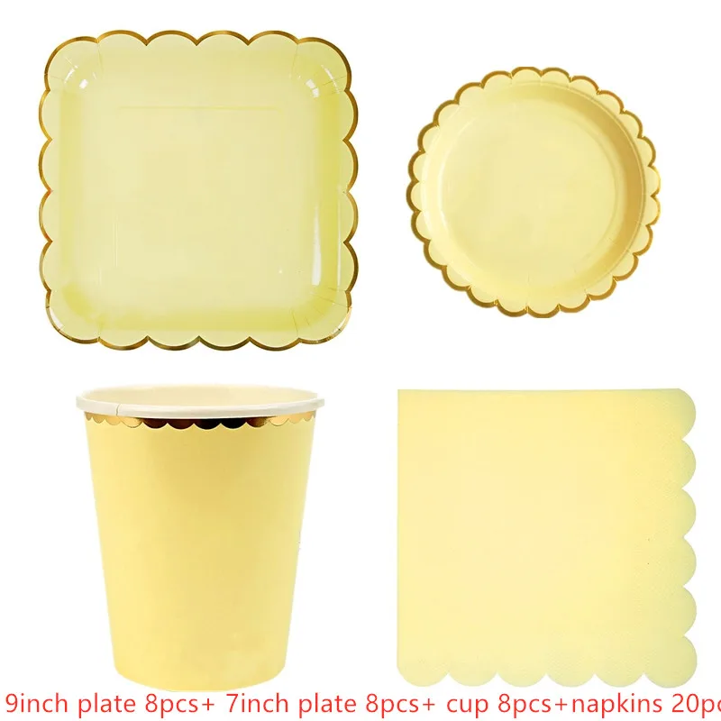 

44PCS/Set Yellow Party Tableware Disposable Paper Plate Cups Foil Straws Napkin Utensils Wedding Birthday Party Decorations Xmas