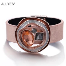 ALLYES кожаные браслеты со стразами для женщин Модный металлический Шарм широкий манжет ювелирный женский браслет