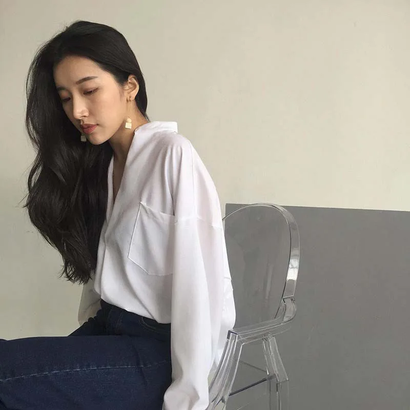 

Women Blouses Elegant Office Shirt Ladies White Shirt Long Sleeve Pocket Blouse Shirt Casual Tops Plus Size Blusas Femininas