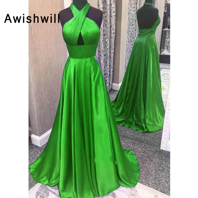 Реальные фотографии; Robe de Bal Longue Холтер рукавов-line эластичный атлас открытой спиной Длинные платье для выпускного вечера для Для женщин