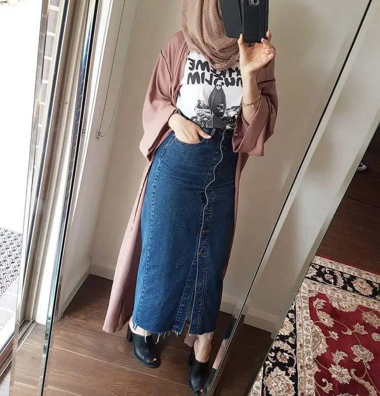 

Women Dress Jeans Skirt Long Button Open Skirt Elegant Modest Dress Muslim Bottoms Ankle-Length Islamic Clothing