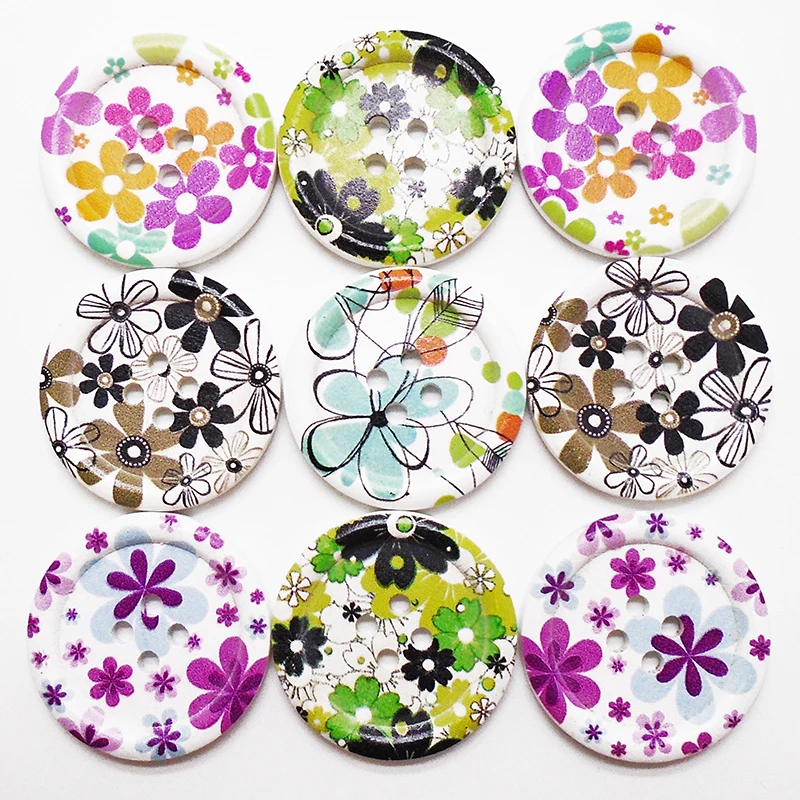 

ZIEENE 12PCs Hot Mixed 9 Colors Big 40mm Painting Flowers Wooden Buttons Sewing Scrapbooking For Overcoat Handmade White 4 Holes