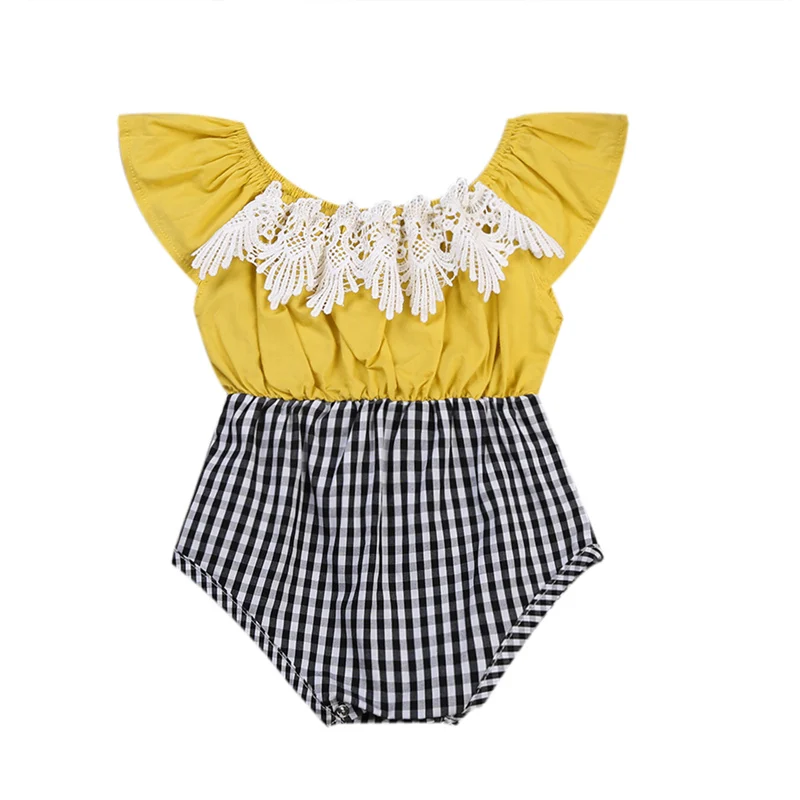 Cute Baby Girls Rompers Floral Lace Patchwork Infant Kids Plaid Jumpsuit Cotton Sleeveless Outfits Romper clothing | Детская одежда и