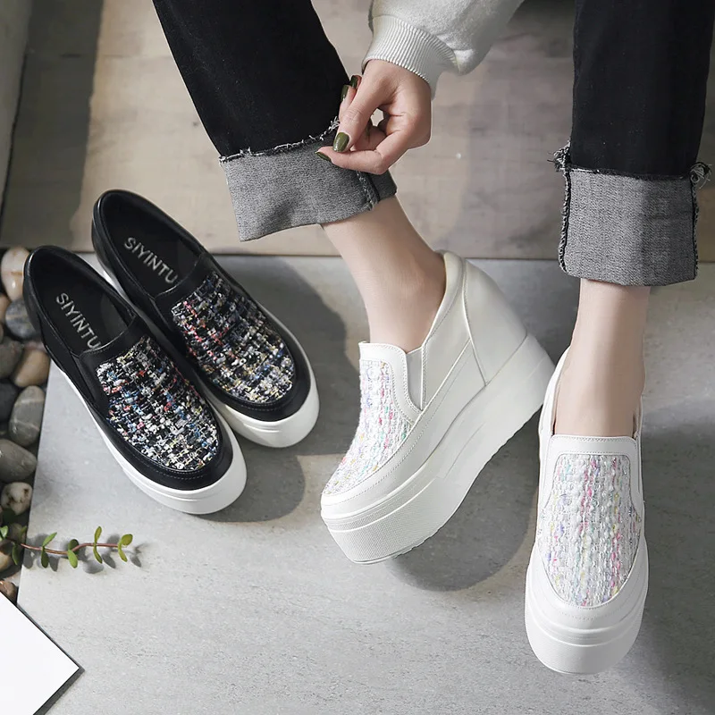 

2018 autumn new stylish simple platform casual shoes women retro Korean tweed comfortable flat shoes.