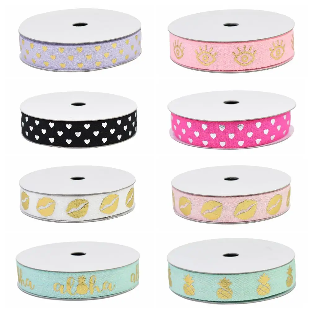 

HSDRibbon 5/8 inch 16MM foil Love Heart and pineapple printed on fold over elastic
