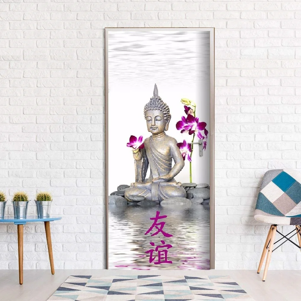 3D Будда с довольно Орхидея двери стены Стикеры s Спальня домашнего декора Плакат ПВХ Водонепроницаемый двери Стикеры 77x200 см