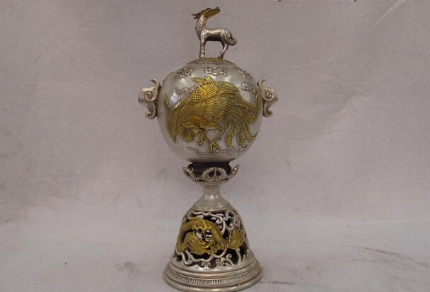 

Elegant old S0743 11 Chinese Palace White Copper Silver Gild Dragon Phoenix Lanterns Pot Vase A0403
