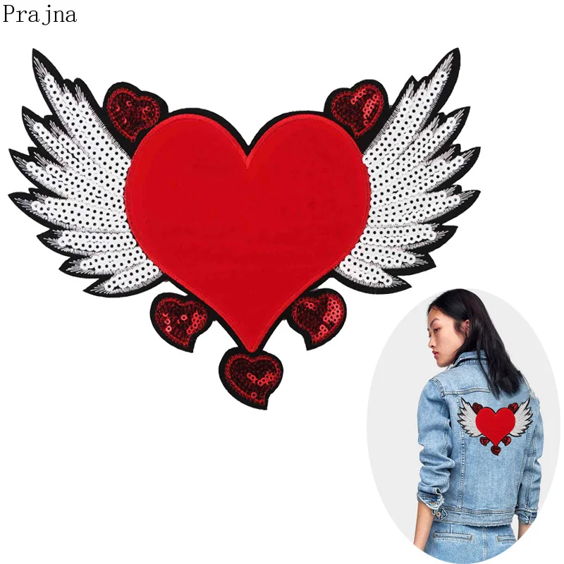 

Prajna Fly Wings Red Heart Patch Sewing Embroidered Sequin Patches For Clothes Jacket Fabric Free Heart Patch Angel Jeans Badge