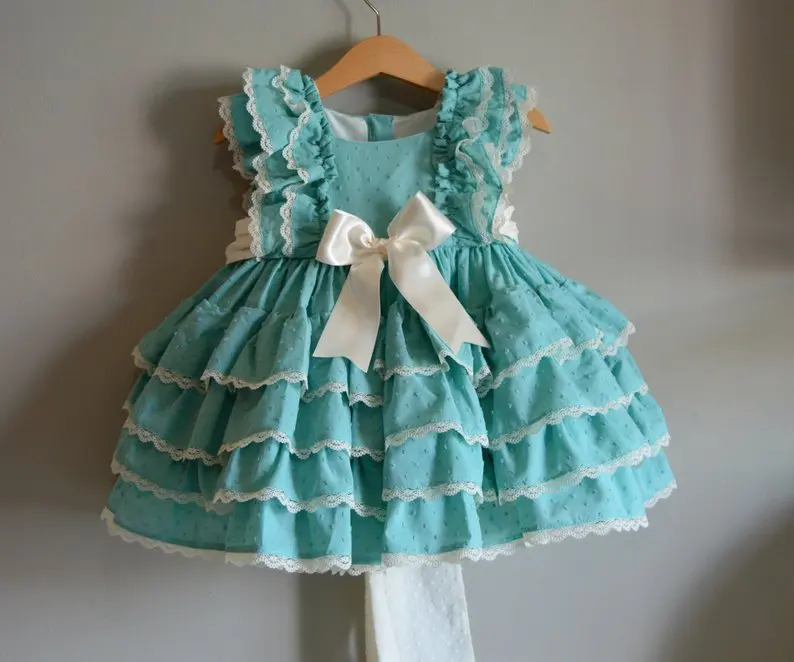 

3PCS Boutique Summer Autumn Baby Girl Blue Orange Cotton Vintage Spanish Princess Dress Lace Gown Lolita Birthday Party Dress