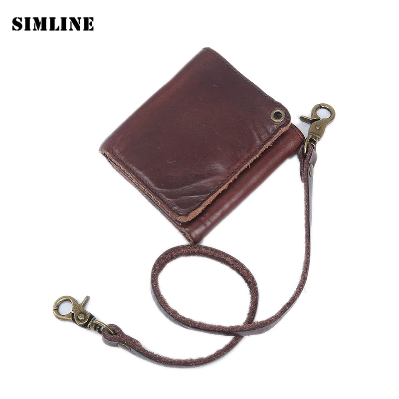 New Vintage Genuine Vegetable Tanned Leather Cowhide Men Short Trifold Wallet Wallets Purse With Leather Rope