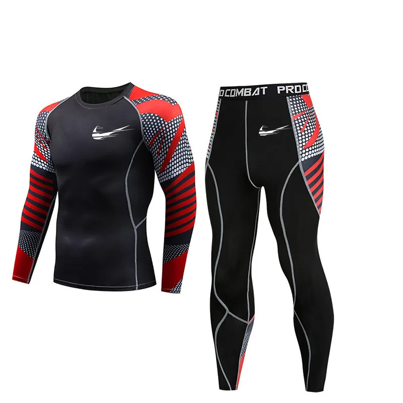 

Men's hot pressure sportswear Fitness bodybuilding skin tight suit T-shirt Men's sportswear Demix black fitness sports suit MMA