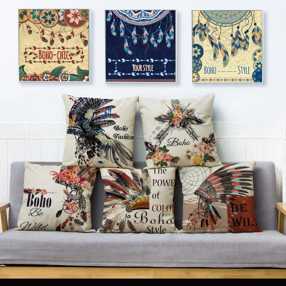 

Bohemian Indian Colorful Feather Cushion Cover Pillow Case Boho Chic Feather Home Decor Pillow Cover for Sofa Car Linen 45*45cm