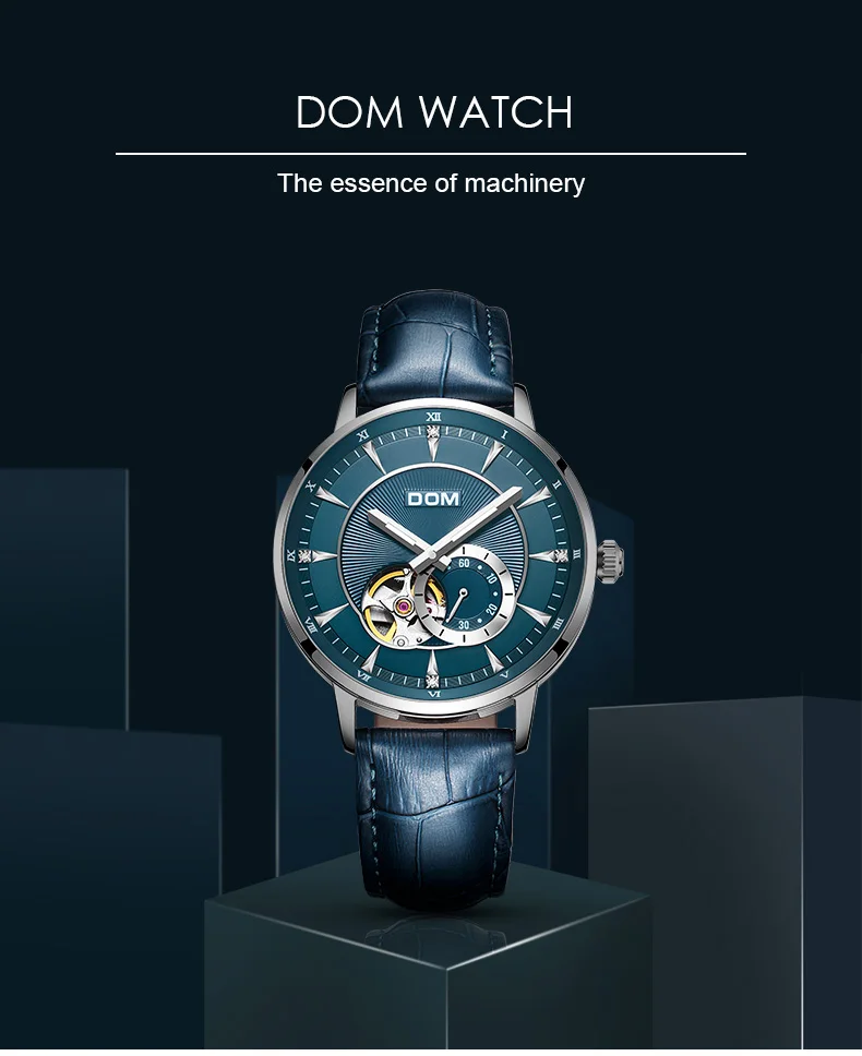 DOM новые синие мужские наручные часы со скелетом, кожа, античный стиль, стимпанк, повседневные автоматические механические часы с скелетом, мужские часы M-8104