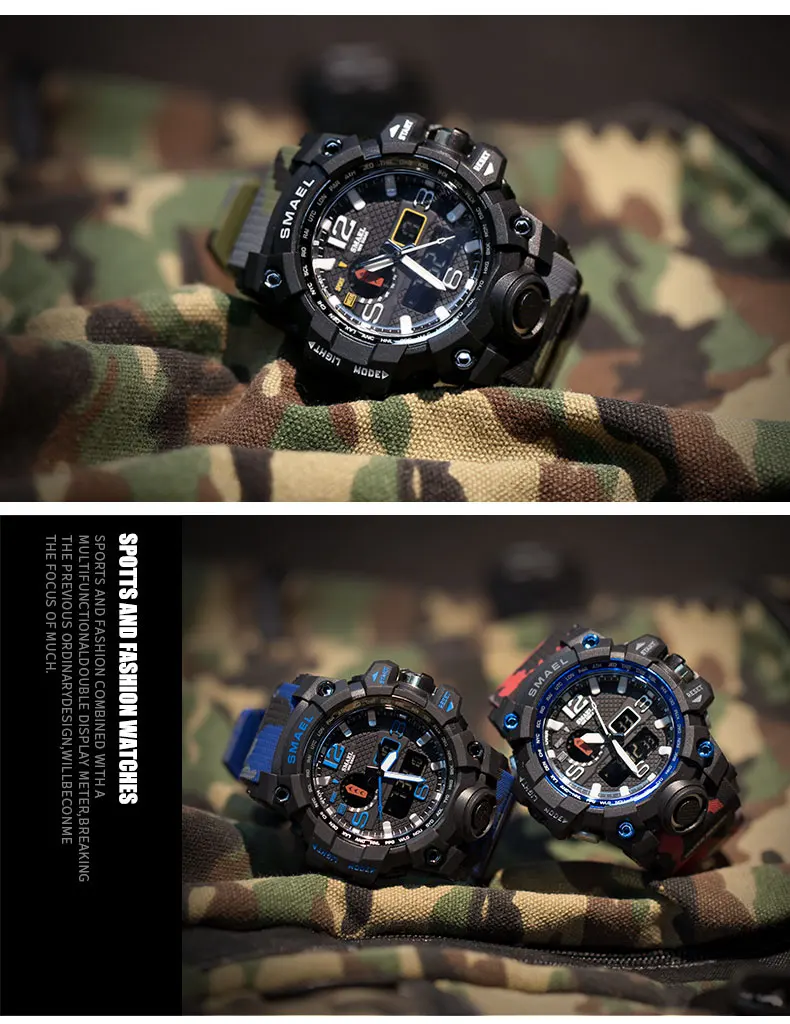 SMAEL мужские спортивные модные аналоговые кварцевые часы светодиодный Секундомер цифровые часы водонепроницаемые ударные мужские военные часы Relogio Mas