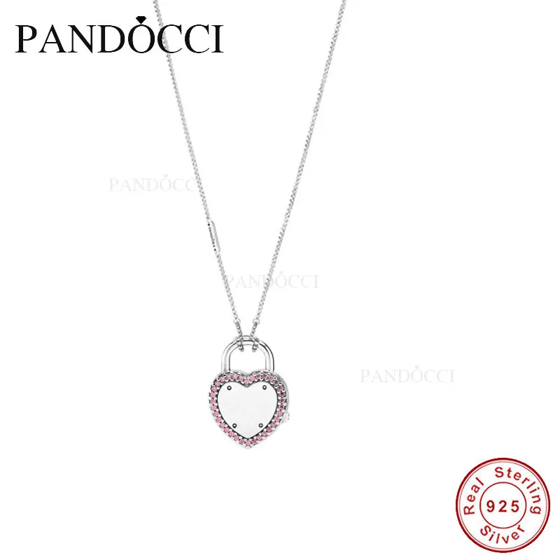 

925 Sterling Silver Pendants Lock Your Promise Necklace, Fancy Fuchsia Pink Original Charms European Style Jewelry PANDOCCI