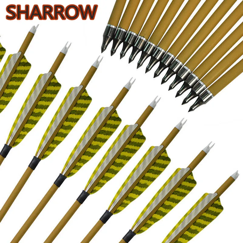 

6/12Pcs 30" Carbon Arrows SP 500 Wooden Skin Shaft 4" Feather Replaceable Broadheads Tips Training Shooting Archery Accessories