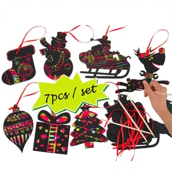 

7pcs/set Magic Color Scratch Card Christmas Tree Ornaments Scratch Art Paper Coloring Cards Scraping Drawing Toy For Kids Gifts