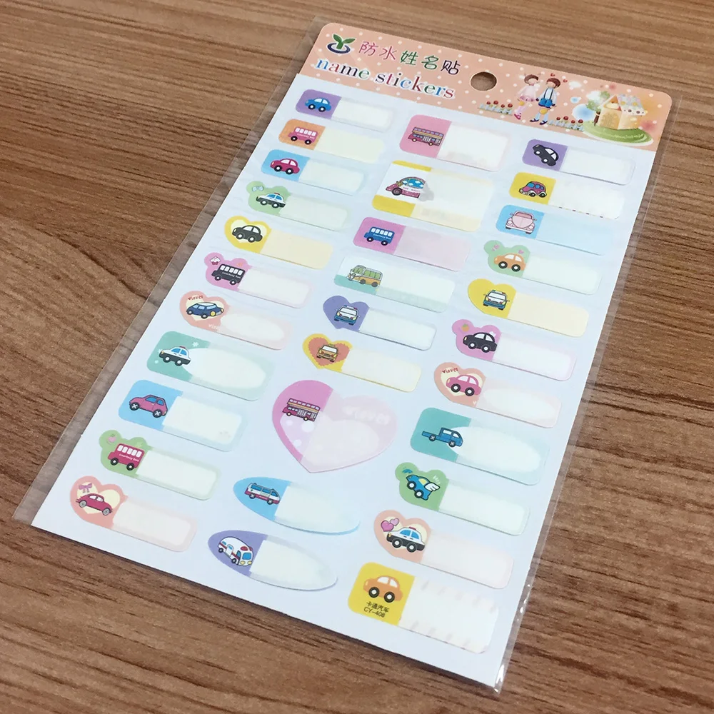 

Name Stickers Baby Lunch Box Water bottle Labels Write-on Self-Laminating Waterproof Car Pattern Sticker Daycare School Travel
