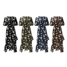 Womens Half Batwing Sleeve Chiffon Maxi Dress Boho Floral Printed Cross Wrap V-Neck Belted High Waist Ruffles Hem Asymmetric Swi floral print batwing sleeve dip hem top