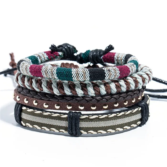 Wholesale 4pcs/lot Handmade ethnic tribal genuine rope wrap charming male pulsera black brown braided leather bracelets bangles - Окраска металла: B020464B